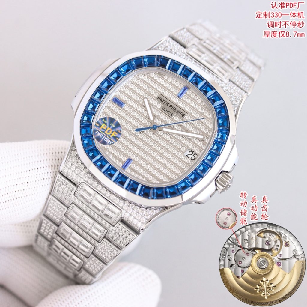 Patek Philippe Automatic Watch, Blue Dial Diamond Index Stainless Steel Case Metal Bracelet 50m