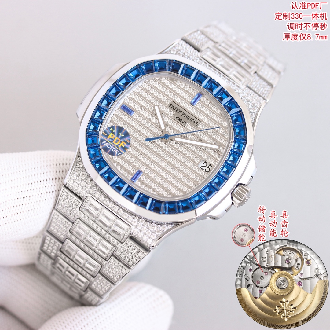 Patek Philippe Automatic Watch, Blue Dial Diamond Index Stainless Steel Case Metal Bracelet 50m