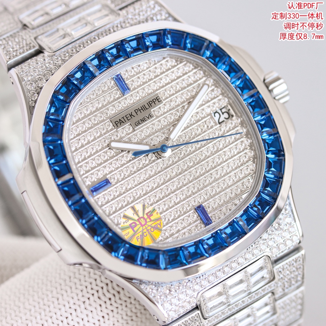 Patek Philippe Automatic Watch, Blue Dial Diamond Index Stainless Steel Case Metal Bracelet 50m