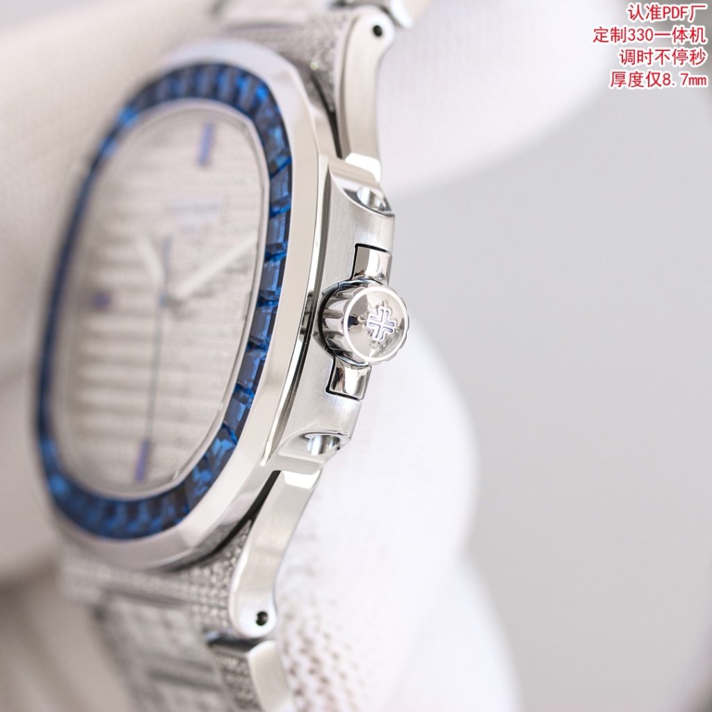 Patek Philippe Automatic Watch, Blue Dial Diamond Index Stainless Steel Case Metal Bracelet 50m