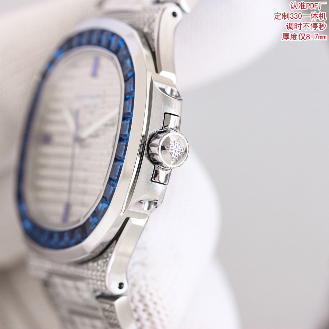 Patek Philippe Automatic Watch, Blue Dial Diamond Index Stainless Steel Case Metal Bracelet 50m