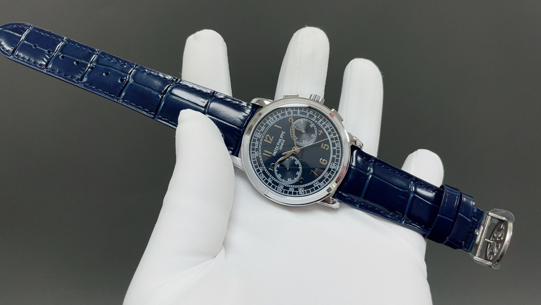 Patek Philippe Chronograph-Style Watch with Blue Dial and Leather Strap