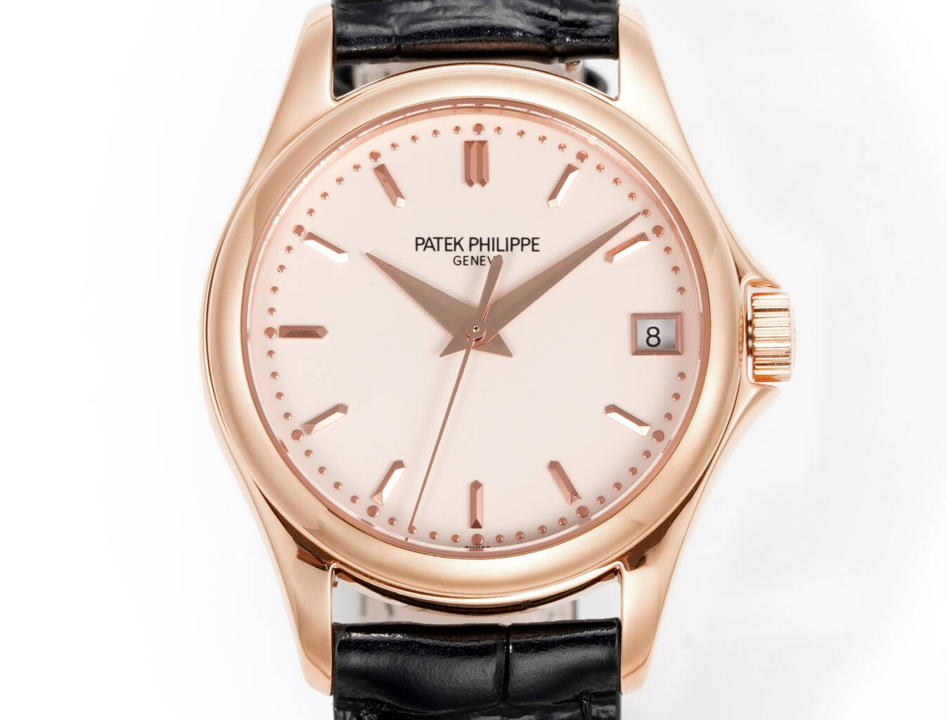 Patek Philippe Calatrava Style Automatic Watch, Silver Dial Date Rose Gold Case Leather Strap 30m