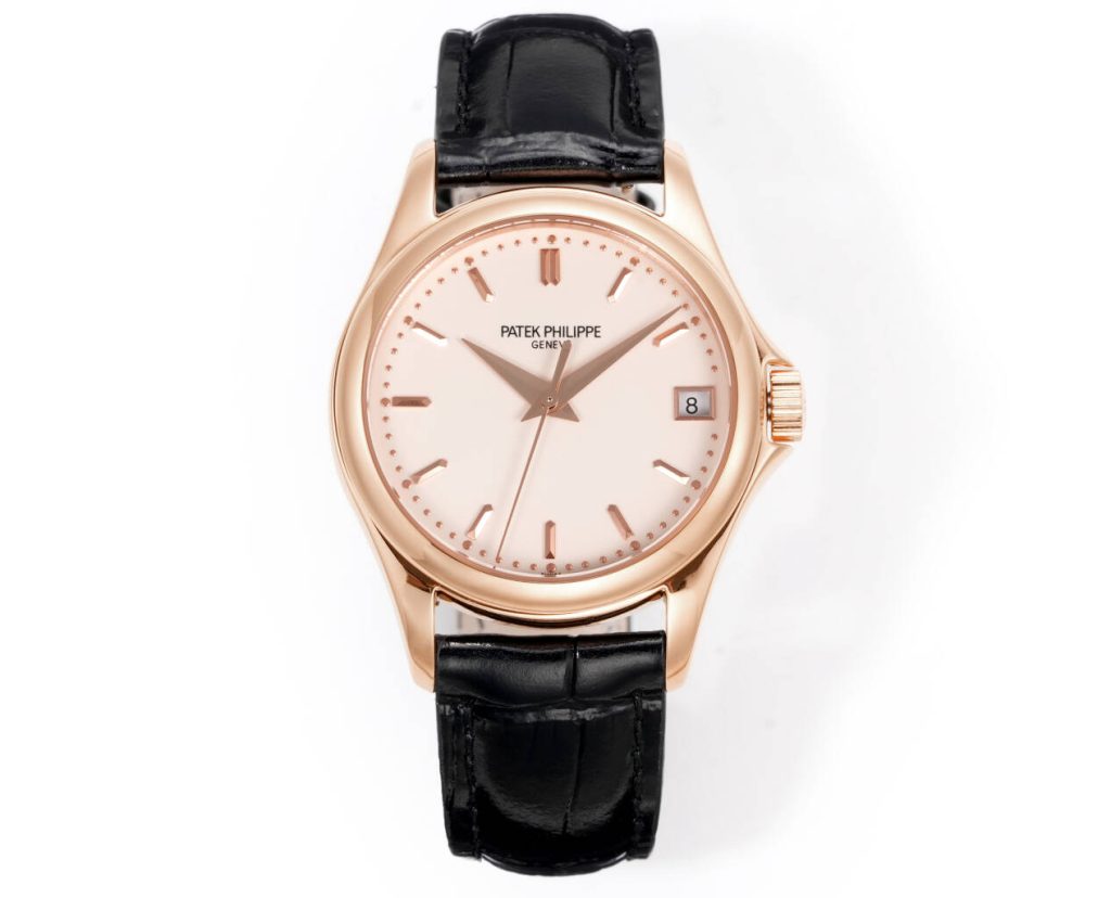 Patek Philippe Calatrava Style Automatic Watch, Silver Dial Date Rose Gold Case Leather Strap 30m