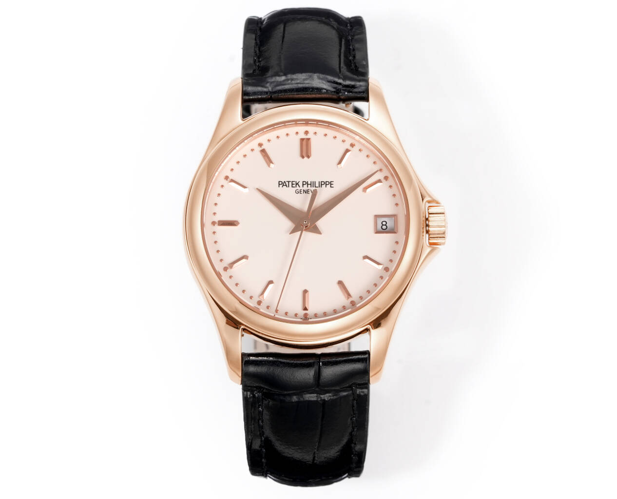 Patek Philippe Calatrava Style Automatic Watch, Silver Dial Date Rose Gold Case Leather Strap 30m