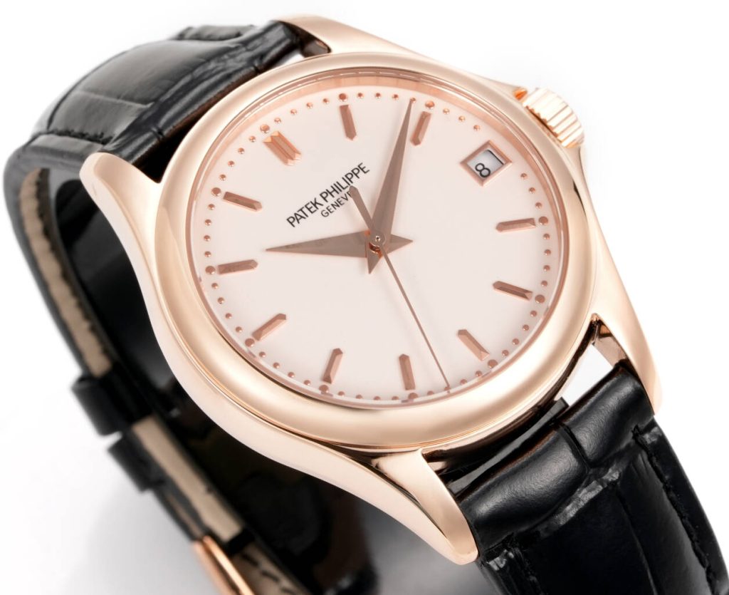 Patek Philippe Calatrava Style Automatic Watch, Silver Dial Date Rose Gold Case Leather Strap 30m