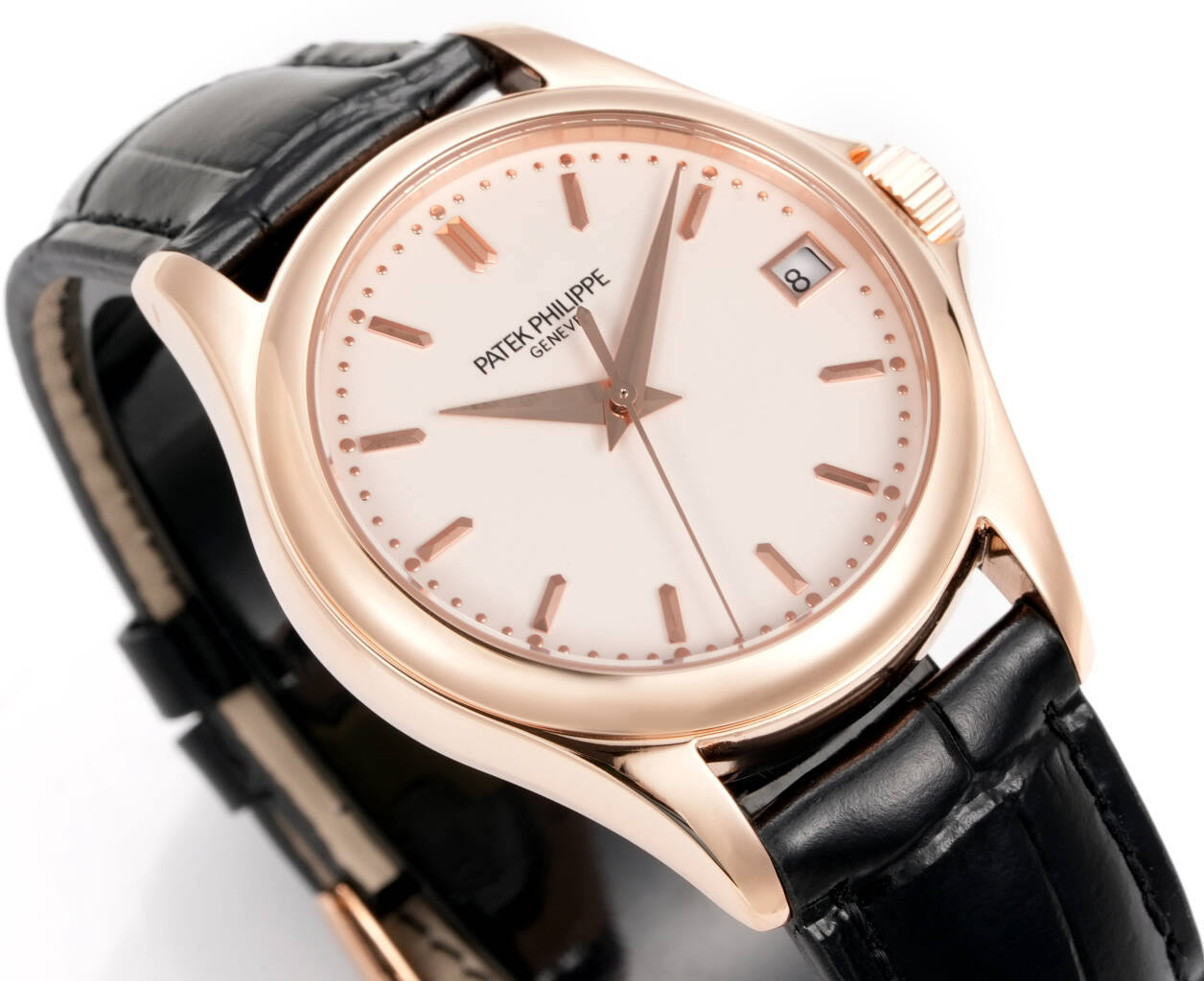 Patek Philippe Calatrava Style Automatic Watch, Silver Dial Date Rose Gold Case Leather Strap 30m