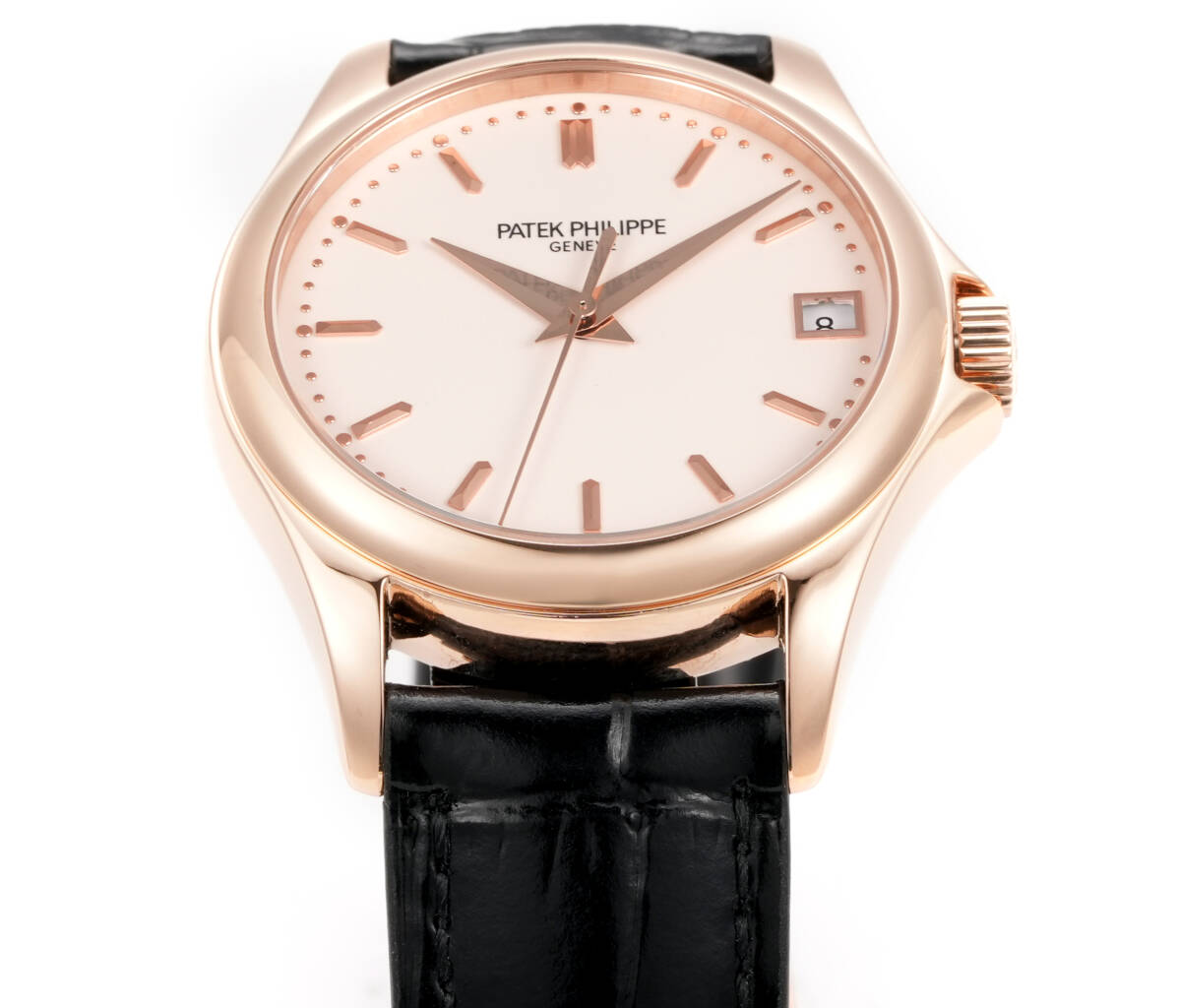 Patek Philippe Calatrava Style Automatic Watch, Silver Dial Date Rose Gold Case Leather Strap 30m