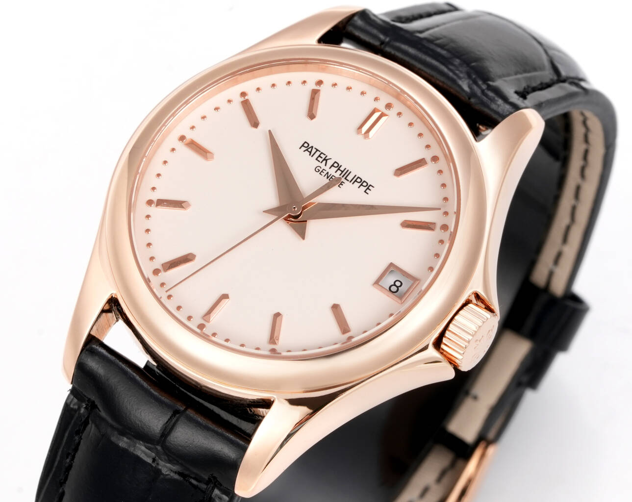 Patek Philippe Calatrava Style Automatic Watch, Silver Dial Date Rose Gold Case Leather Strap 30m