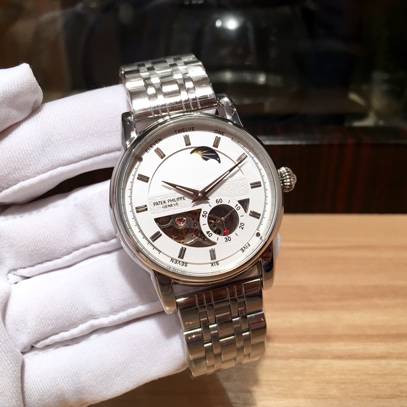 Patek Philippe Complication-Style Watch with Skeleton Dial and Metal Bracelet
