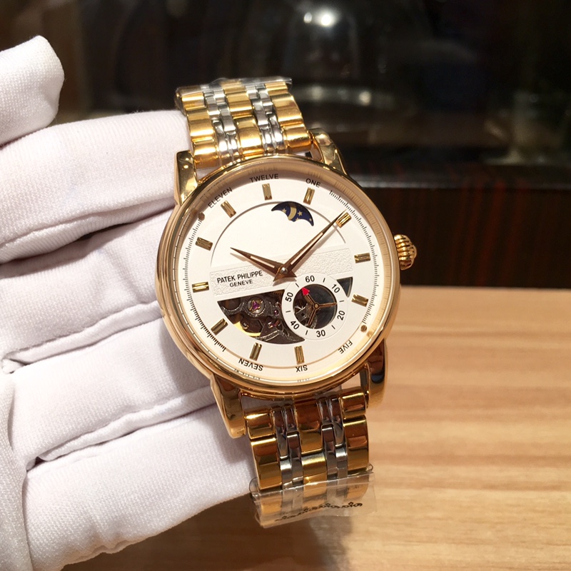 Patek Philippe Complication-Style Watch with Skeleton Dial and Metal Bracelet