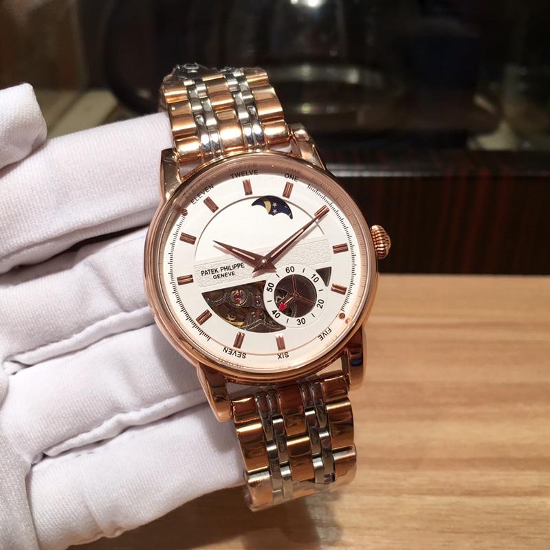 Patek Philippe Complication-Style Watch with Skeleton Dial and Metal Bracelet