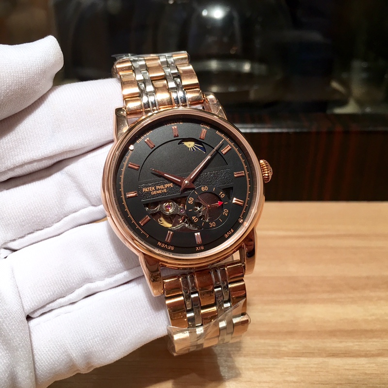 Patek Philippe Complication-Style Watch with Skeleton Dial and Metal Bracelet