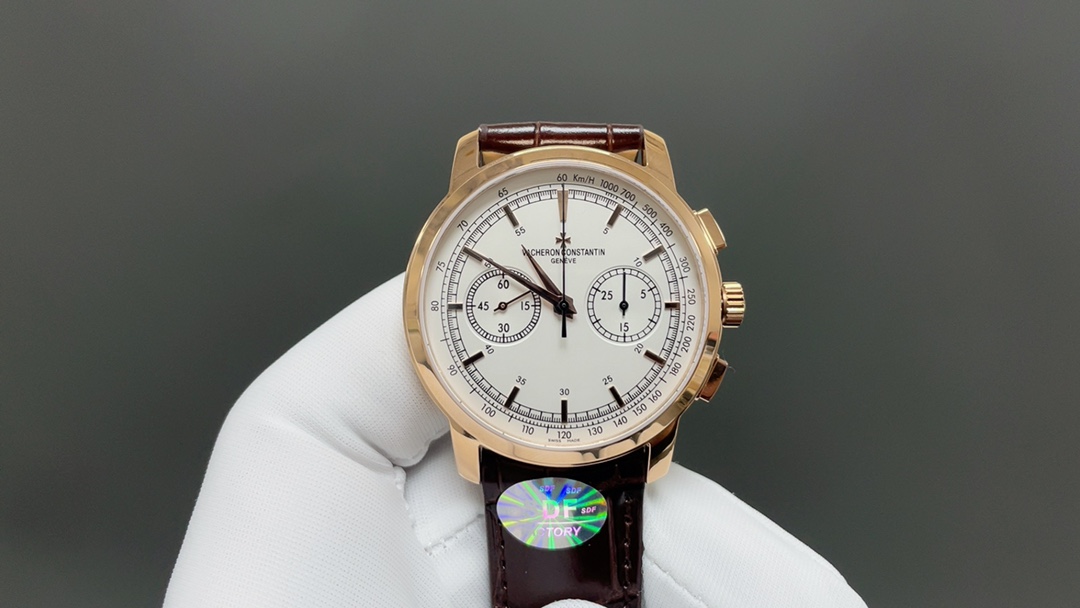 Vacheron Constantin Chronograph-Style Watch with Rose-Gold Case and Brown Leather Strap
