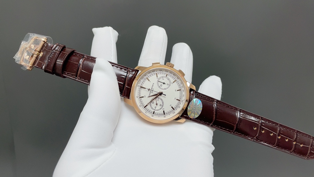 Vacheron Constantin Chronograph-Style Watch with Rose-Gold Case and Brown Leather Strap