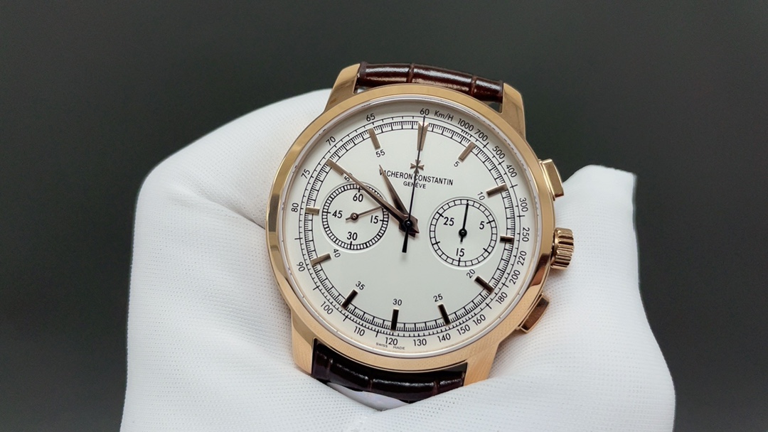 Vacheron Constantin Chronograph-Style Watch with Rose-Gold Case and Brown Leather Strap