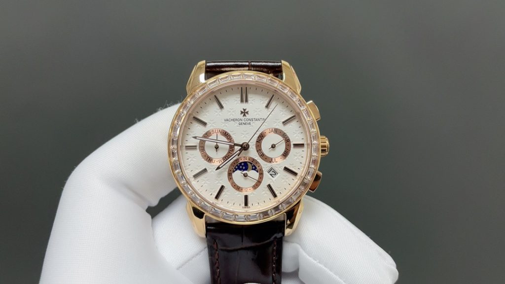 Vacheron Constantin-Style MVacheron Constantin Patrimony Style Automatic Watch, White Dial Diamond Index Chronograph Leather Strapulti-Function Watch with Diamond-Set Bezel