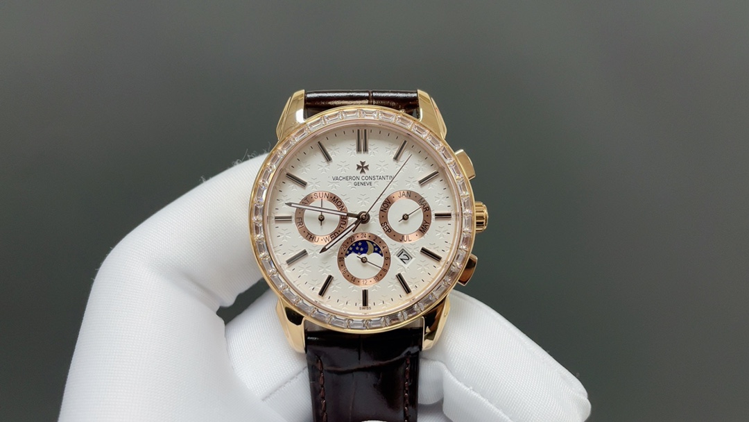 Vacheron Constantin-Style MVacheron Constantin Patrimony Style Automatic Watch, White Dial Diamond Index Chronograph Leather Strapulti-Function Watch with Diamond-Set Bezel