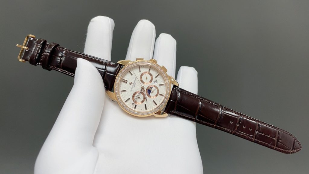 Vacheron Constantin-Style MVacheron Constantin Patrimony Style Automatic Watch, White Dial Diamond Index Chronograph Leather Strapulti-Function Watch with Diamond-Set Bezel