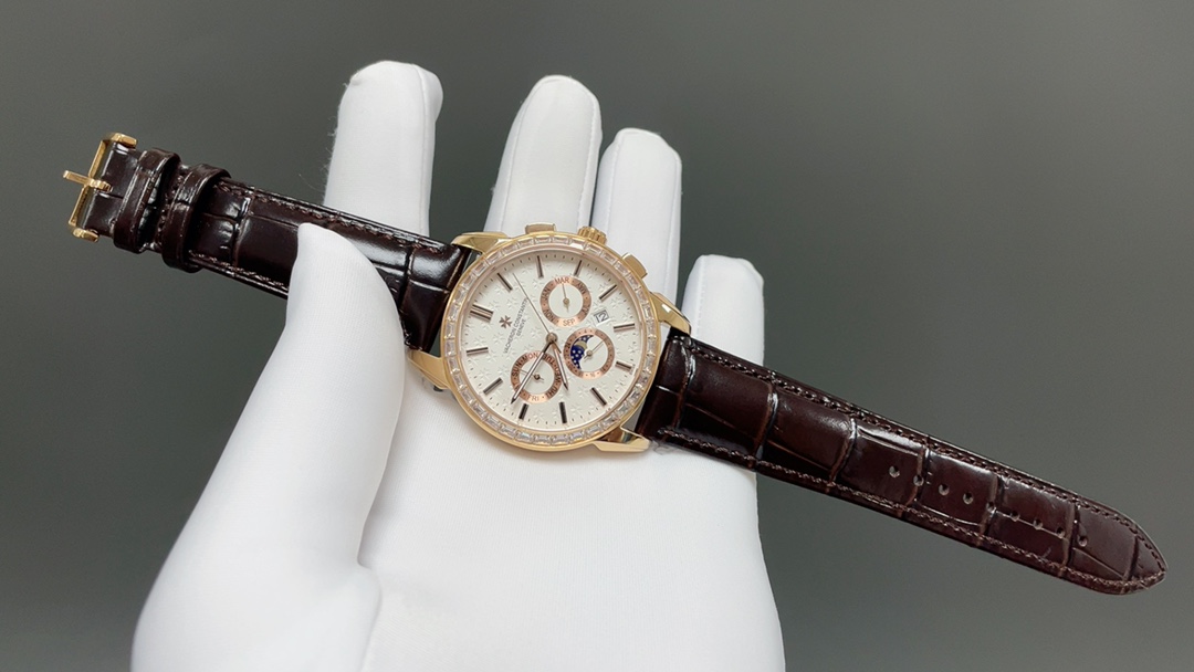 Vacheron Constantin-Style MVacheron Constantin Patrimony Style Automatic Watch, White Dial Diamond Index Chronograph Leather Strapulti-Function Watch with Diamond-Set Bezel