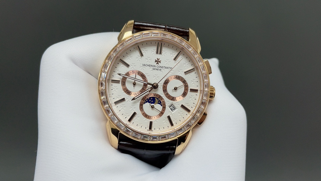 Vacheron Constantin-Style MVacheron Constantin Patrimony Style Automatic Watch, White Dial Diamond Index Chronograph Leather Strapulti-Function Watch with Diamond-Set Bezel