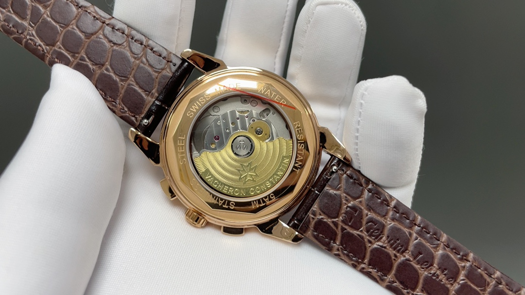 Vacheron Constantin-Style MVacheron Constantin Patrimony Style Automatic Watch, White Dial Diamond Index Chronograph Leather Strapulti-Function Watch with Diamond-Set Bezel
