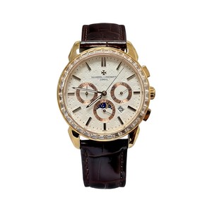 Vacheron Constantin-Style MVacheron Constantin Patrimony Style Automatic Watch, White Dial Diamond Index Chronograph Leather Strapulti-Function Watch with Diamond-Set Bezel