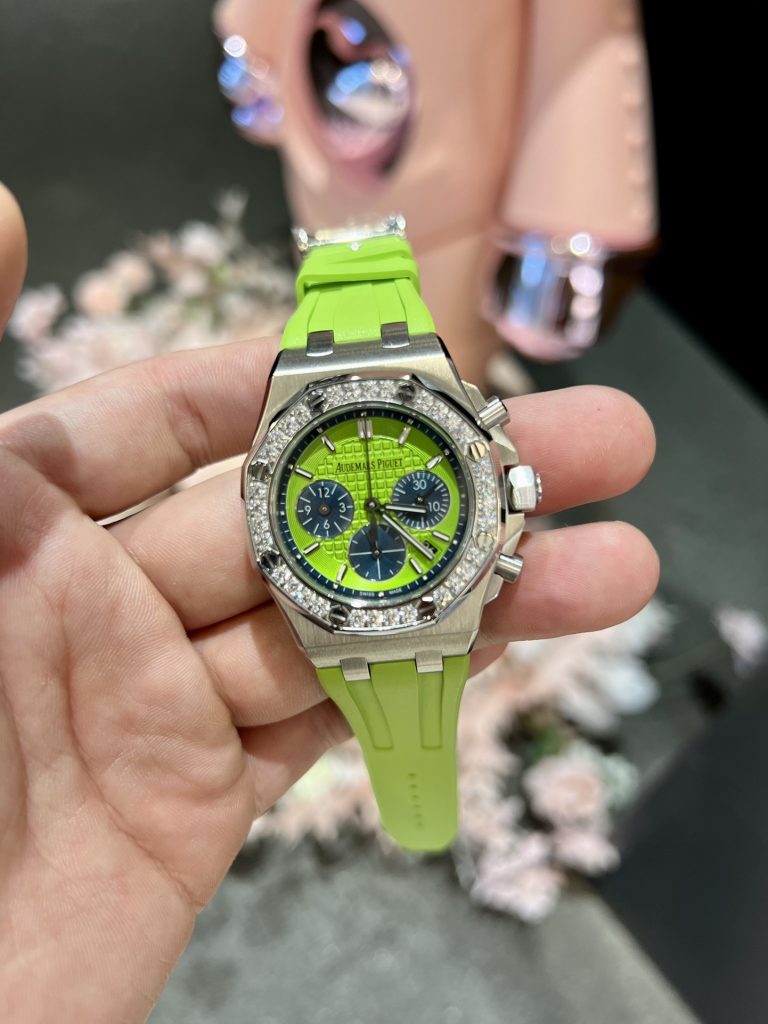 Audemars Piguet Royal Oak-Style Chronograph with Diamond Bezel and Lime Dial