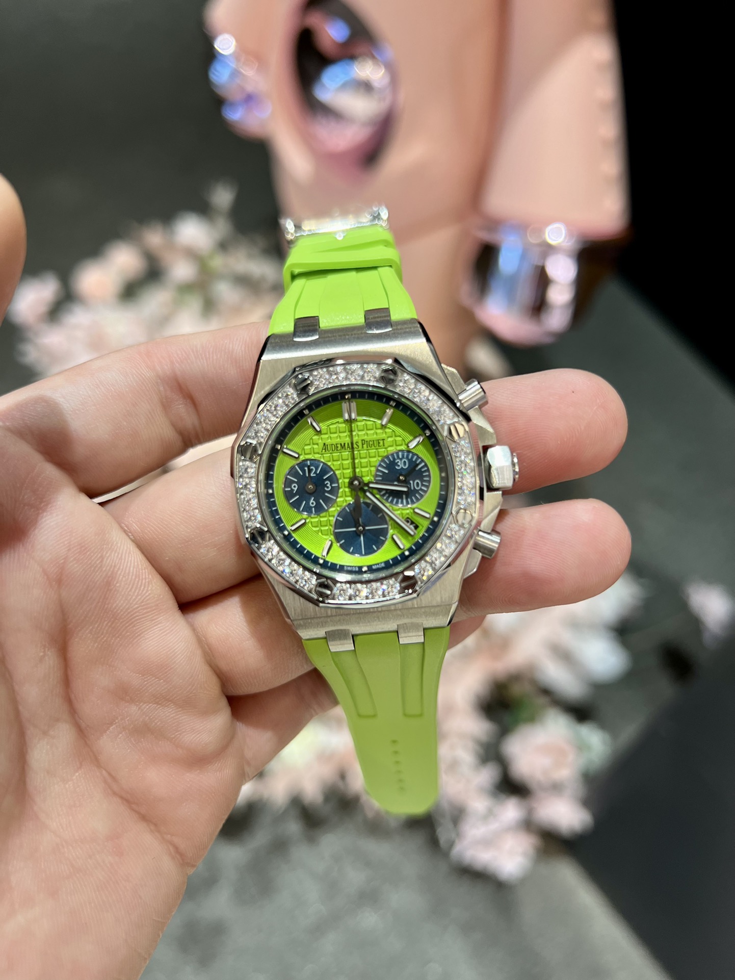 Audemars Piguet Royal Oak-Style Chronograph with Diamond Bezel and Lime Dial