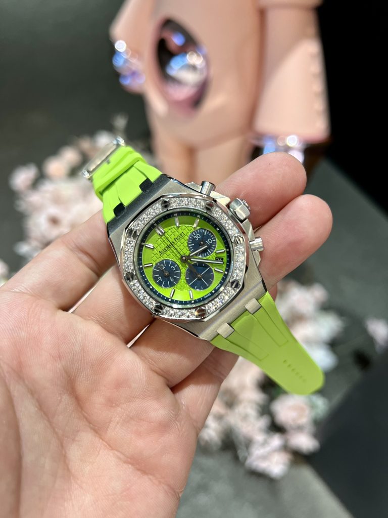 Audemars Piguet Royal Oak-Style Chronograph with Diamond Bezel and Lime Dial