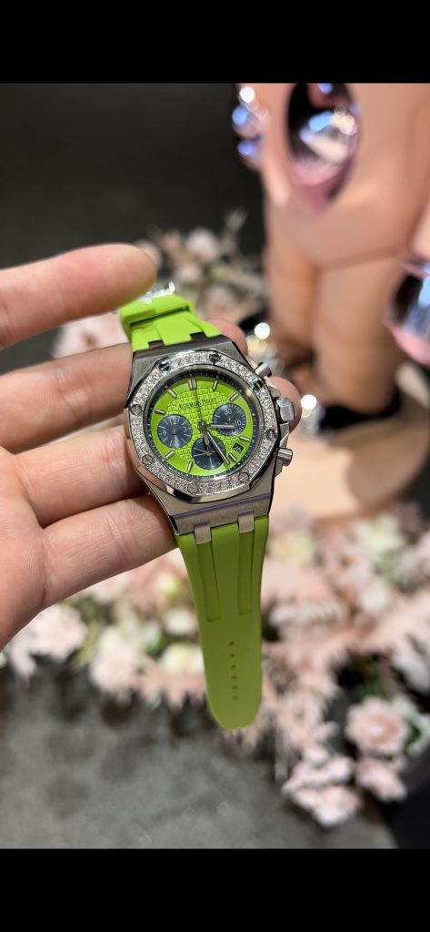 Audemars Piguet Royal Oak-Style Chronograph with Diamond Bezel and Lime Dial