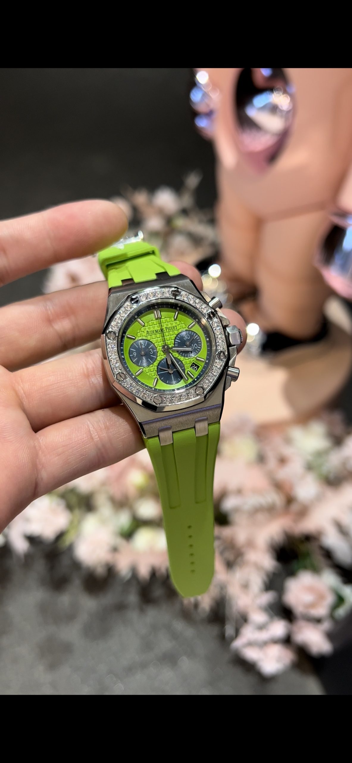 Audemars Piguet Royal Oak-Style Chronograph with Diamond Bezel and Lime Dial