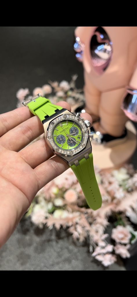 Audemars Piguet Royal Oak-Style Chronograph with Diamond Bezel and Lime Dial