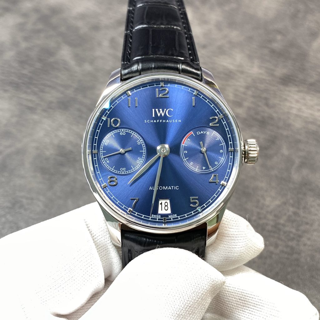 IWC Portugieser-Style Watch with Blue Dial and Power Reserve Display