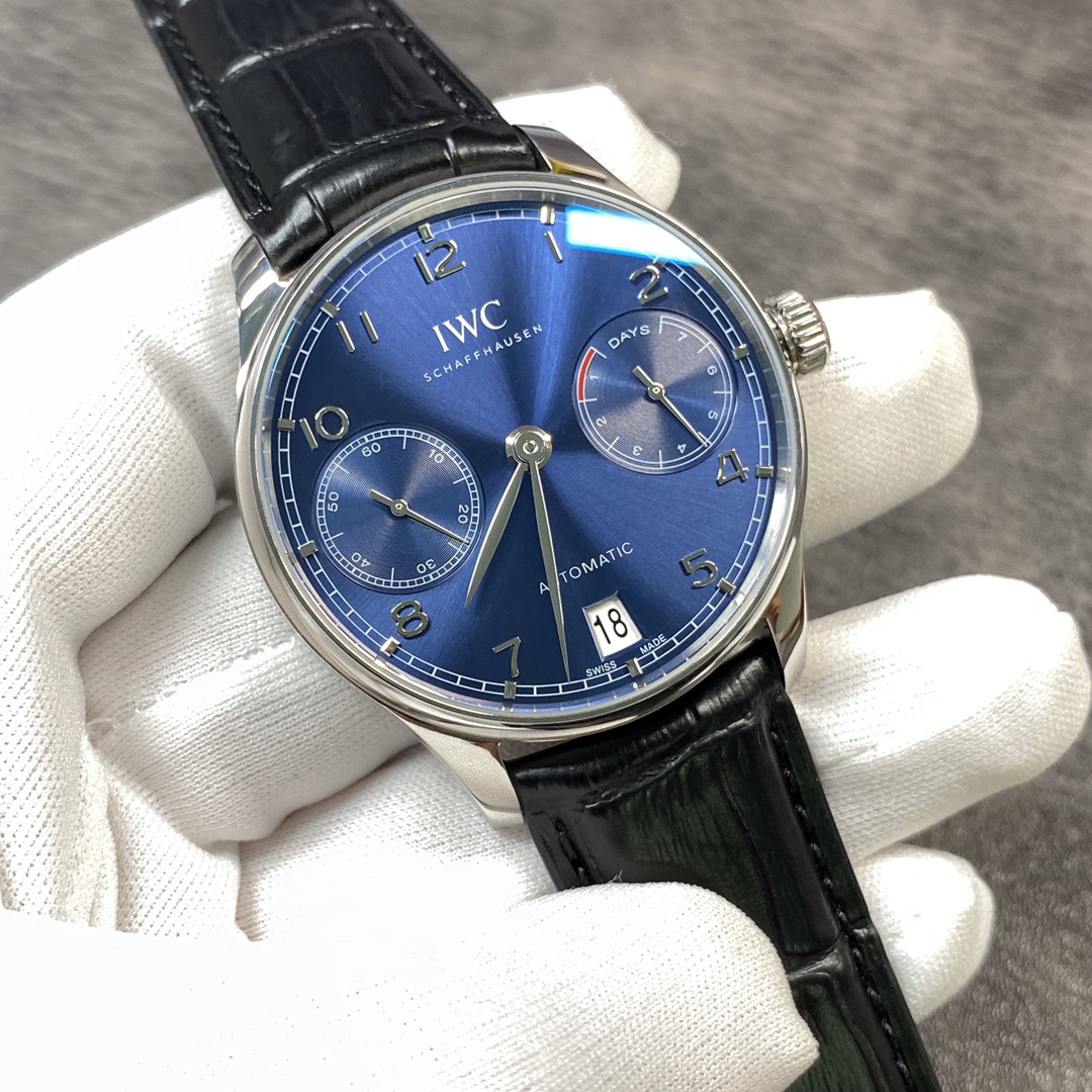 IWC Portugieser-Style Watch with Blue Dial and Power Reserve Display