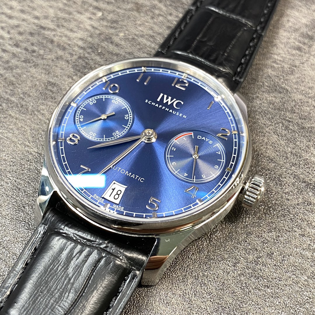IWC Portugieser-Style Watch with Blue Dial and Power Reserve Display