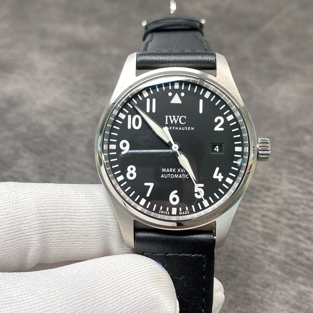 IWC Mark XVI Pilot-Style Watch with Black Dial and Leather Strap