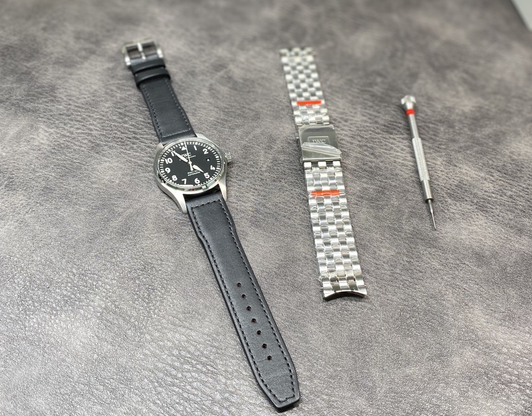 IWC Mark XVI Pilot-Style Watch with Black Dial and Leather Strap
