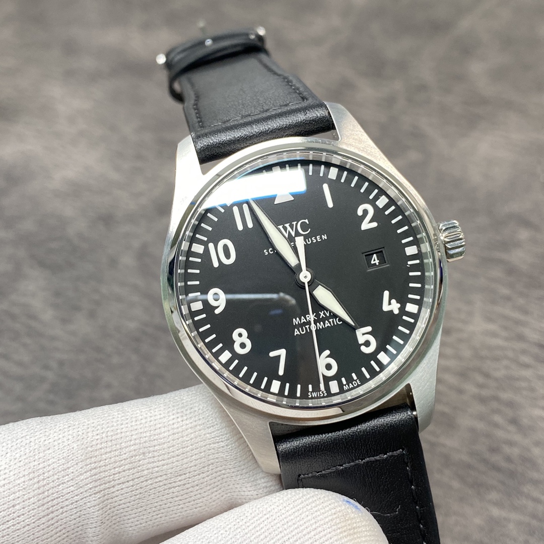 IWC Mark XVI Pilot-Style Watch with Black Dial and Leather Strap