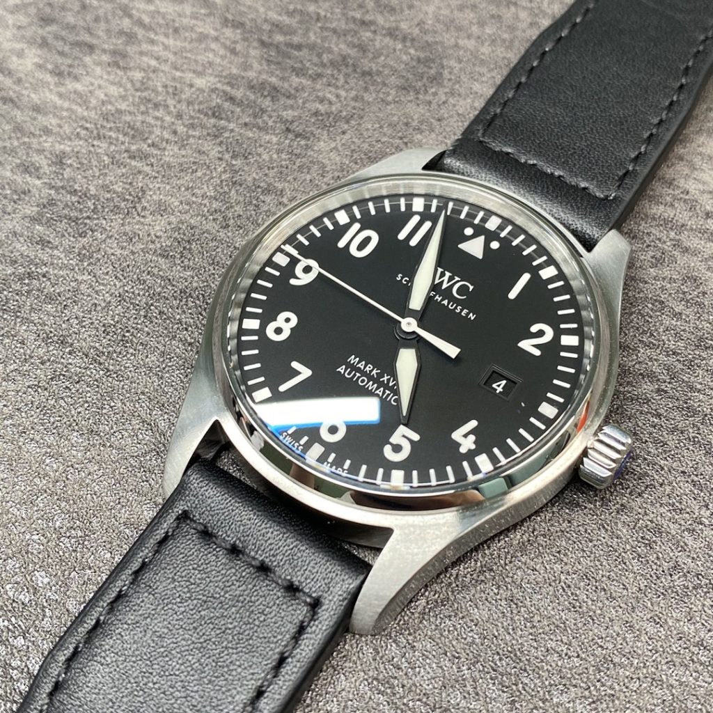 IWC Mark XVI Pilot-Style Watch with Black Dial and Leather Strap