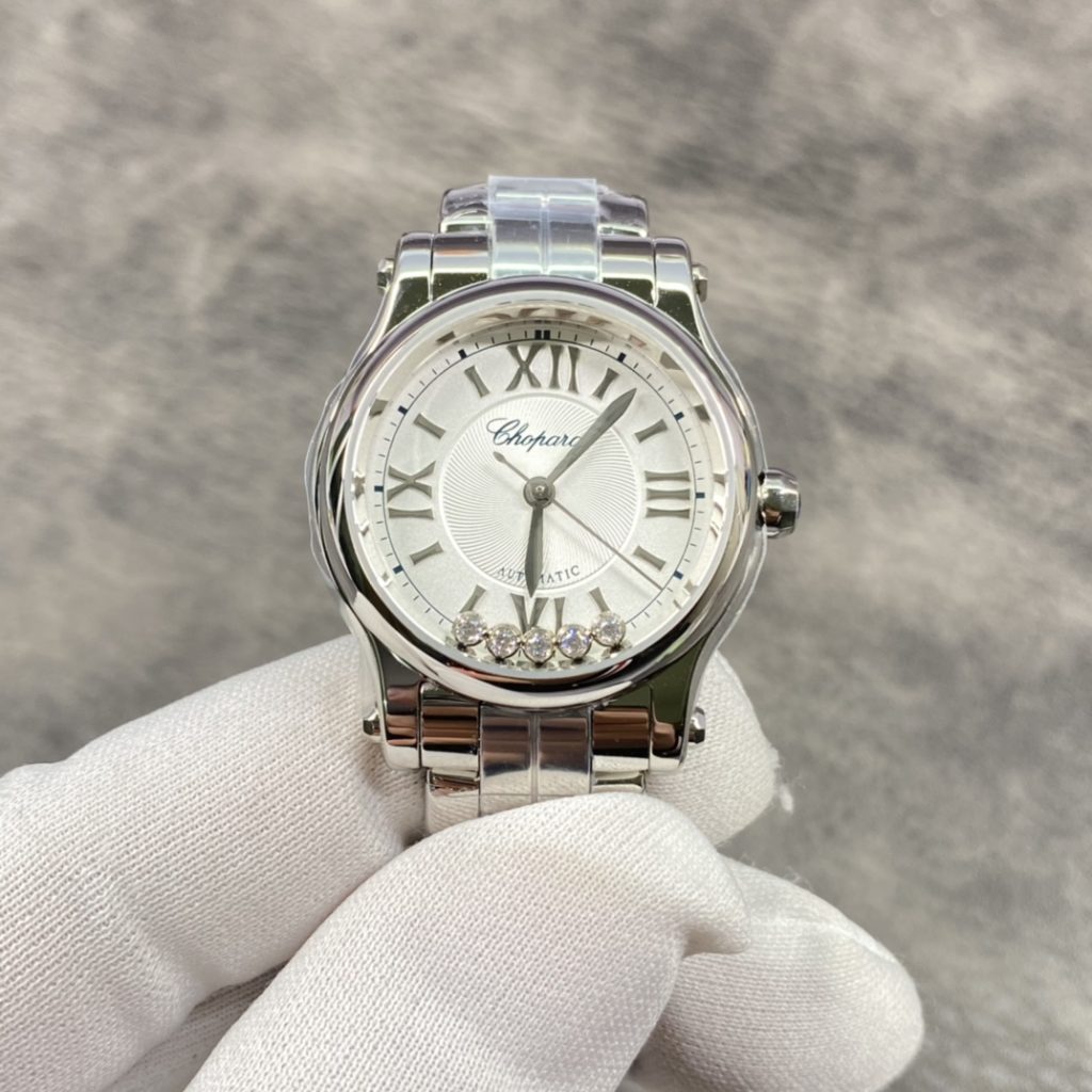 Chopard Happy Diamonds-StChopard Happy Style Automatic Watch, White Dial Roman Numeral Metal Braceletyle Watch with Floating Diamonds