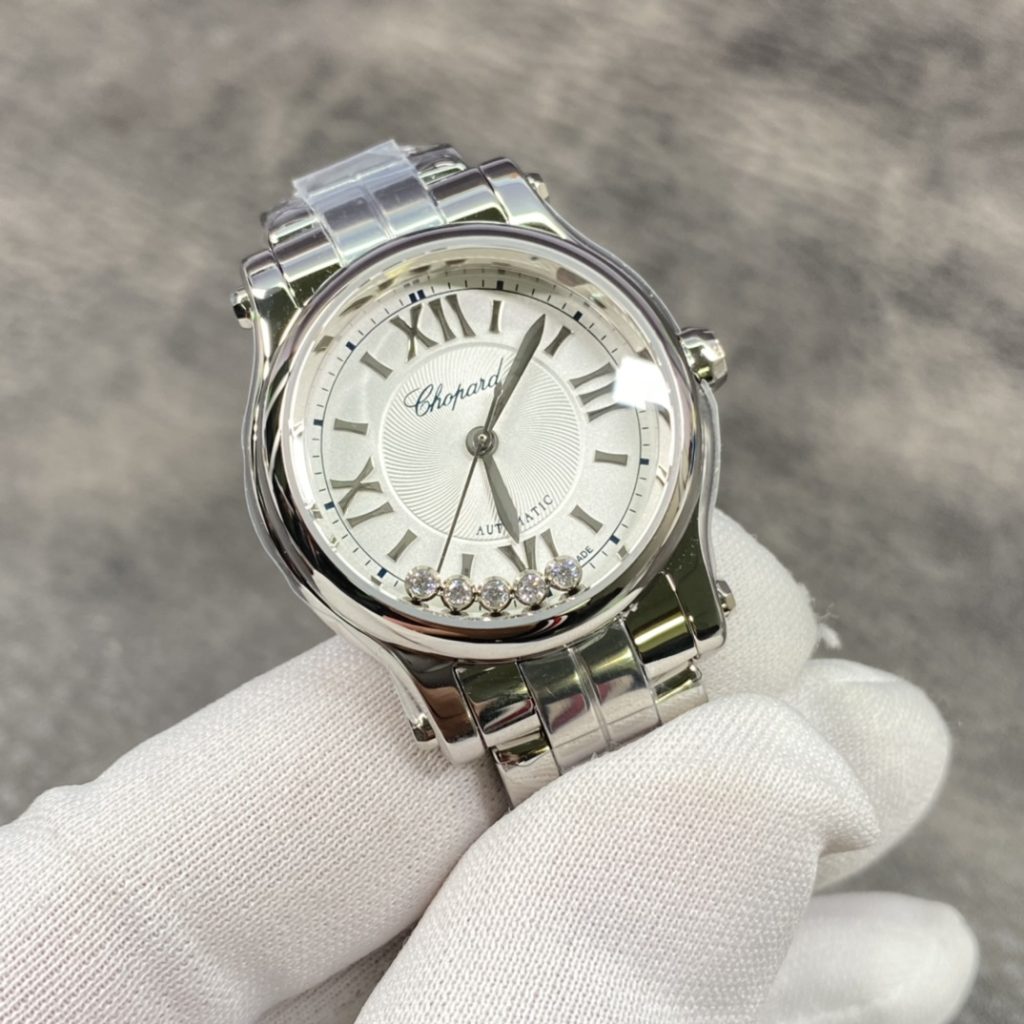 Chopard Happy Diamonds-StChopard Happy Style Automatic Watch, White Dial Roman Numeral Metal Braceletyle Watch with Floating Diamonds