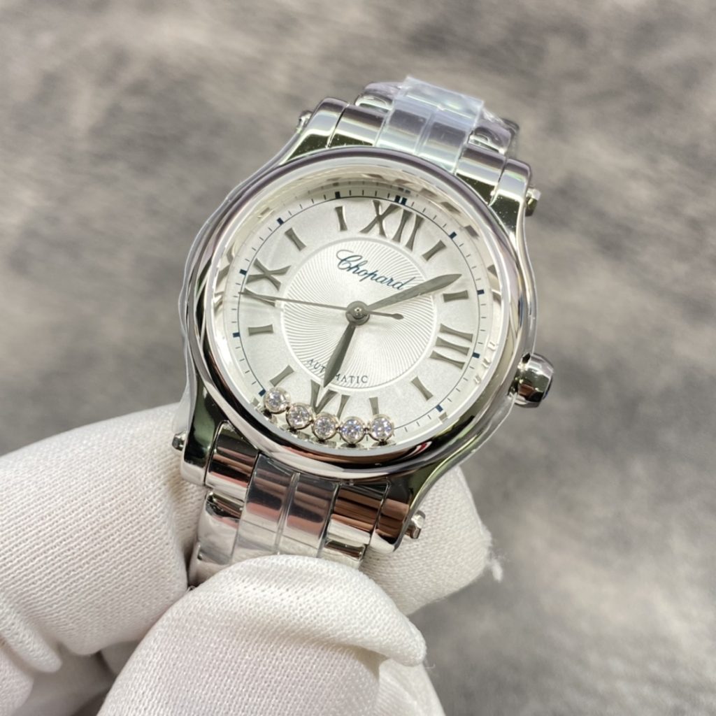 Chopard Happy Diamonds-StChopard Happy Style Automatic Watch, White Dial Roman Numeral Metal Braceletyle Watch with Floating Diamonds