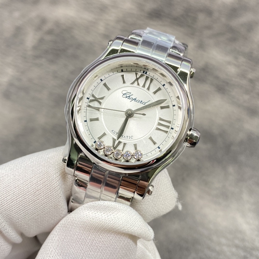 Chopard Happy Diamonds-StChopard Happy Style Automatic Watch, White Dial Roman Numeral Metal Braceletyle Watch with Floating Diamonds
