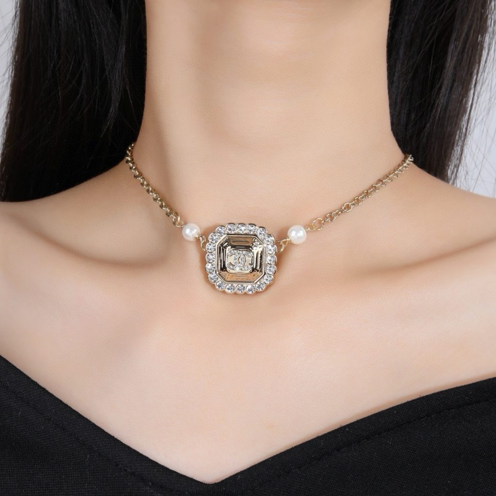 Chanel Necklace Metal, Crystal, Pearl Chanel Logo Pendant Necklace Pendant Necklace Chain with