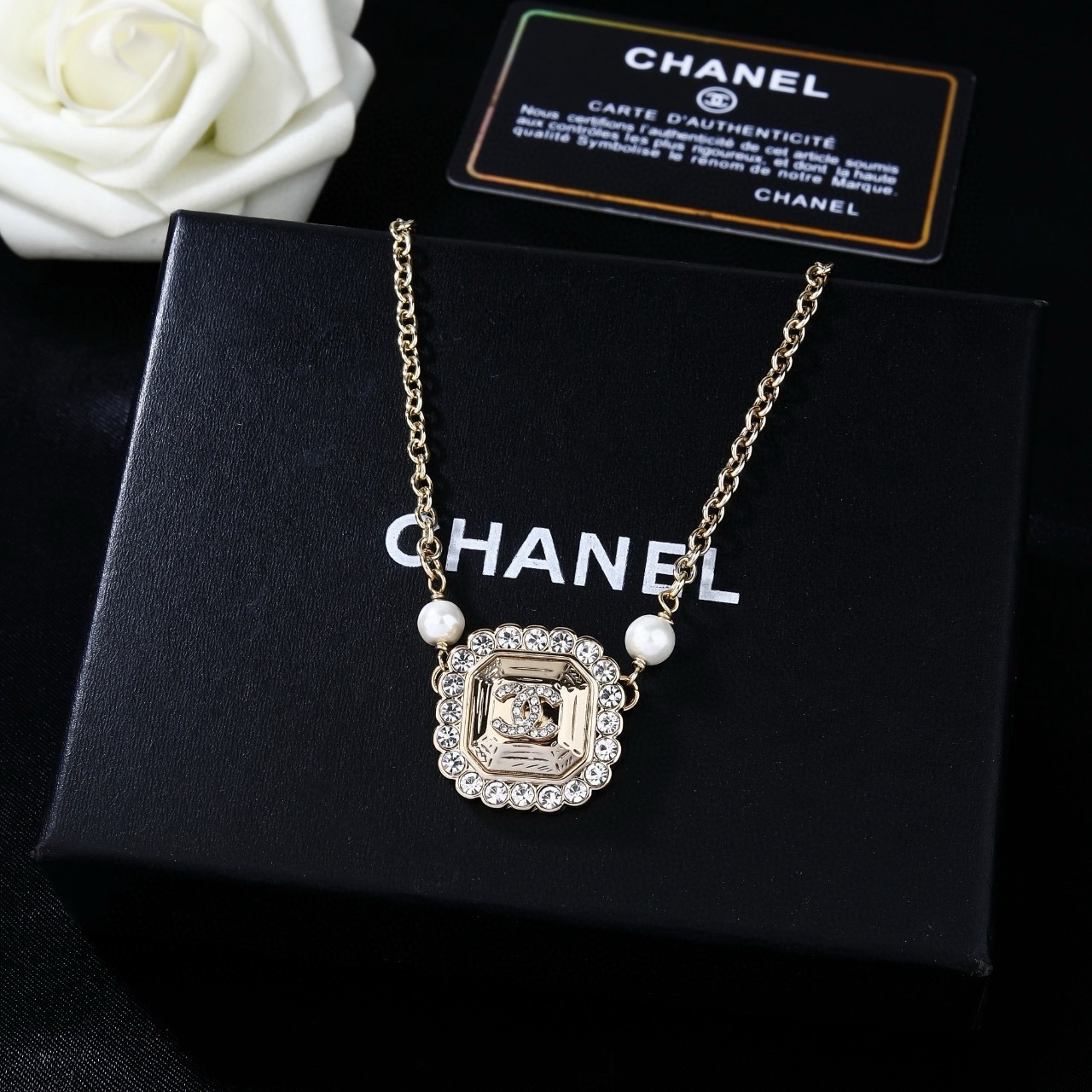 Chanel Necklace Metal, Crystal, Pearl Chanel Logo Pendant Necklace Pendant Necklace Chain with