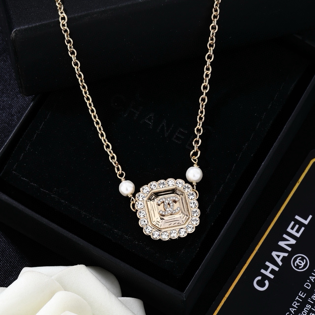 Chanel Necklace Metal, Crystal, Pearl Chanel Logo Pendant Necklace Pendant Necklace Chain with