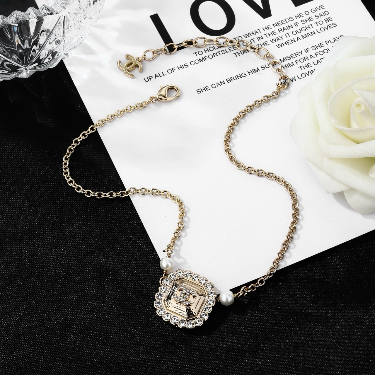 Chanel Necklace Metal, Crystal, Pearl Chanel Logo Pendant Necklace Pendant Necklace Chain with