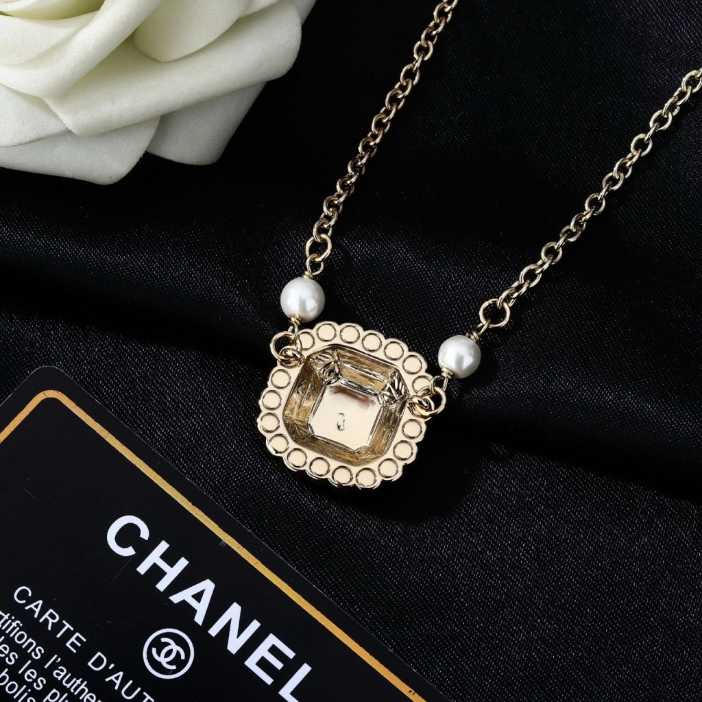 Chanel Necklace Metal, Crystal, Pearl Chanel Logo Pendant Necklace Pendant Necklace Chain with