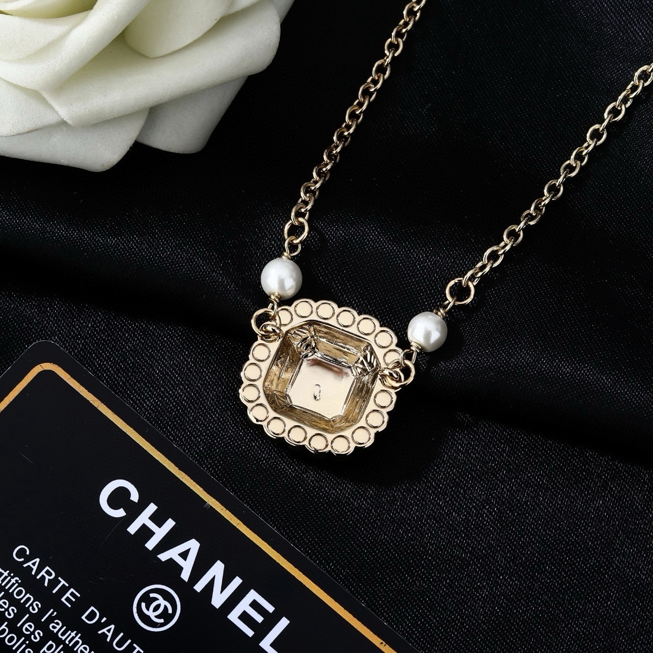 Chanel Necklace Metal, Crystal, Pearl Chanel Logo Pendant Necklace Pendant Necklace Chain with